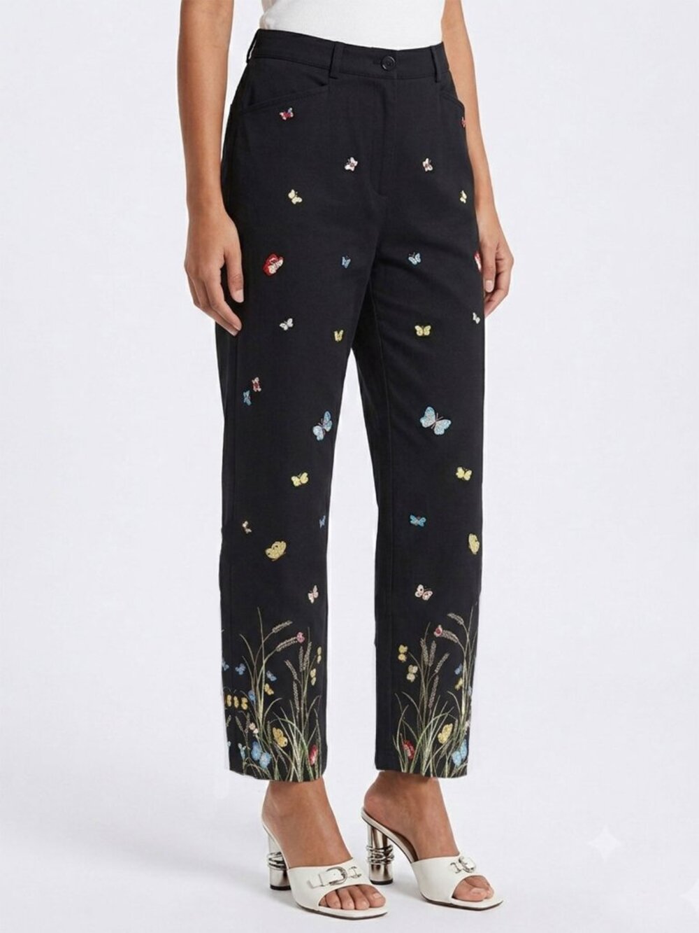 Vintage 80s Talbots Embroidered Stretch Cotton Black Pants Trousers Butterflies